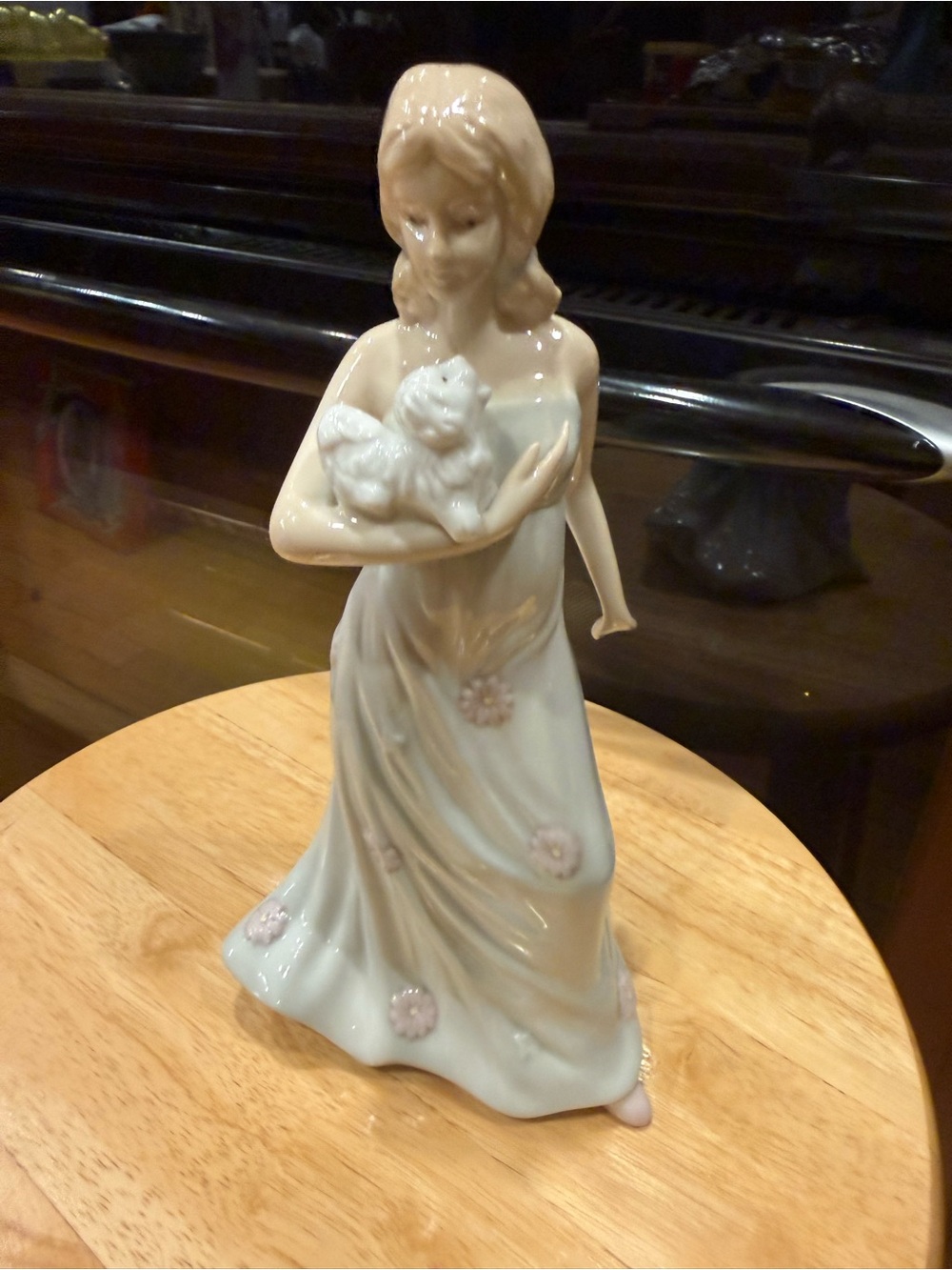 Porcelain Figurine Woman with Kitten in Cream and Pale Pink